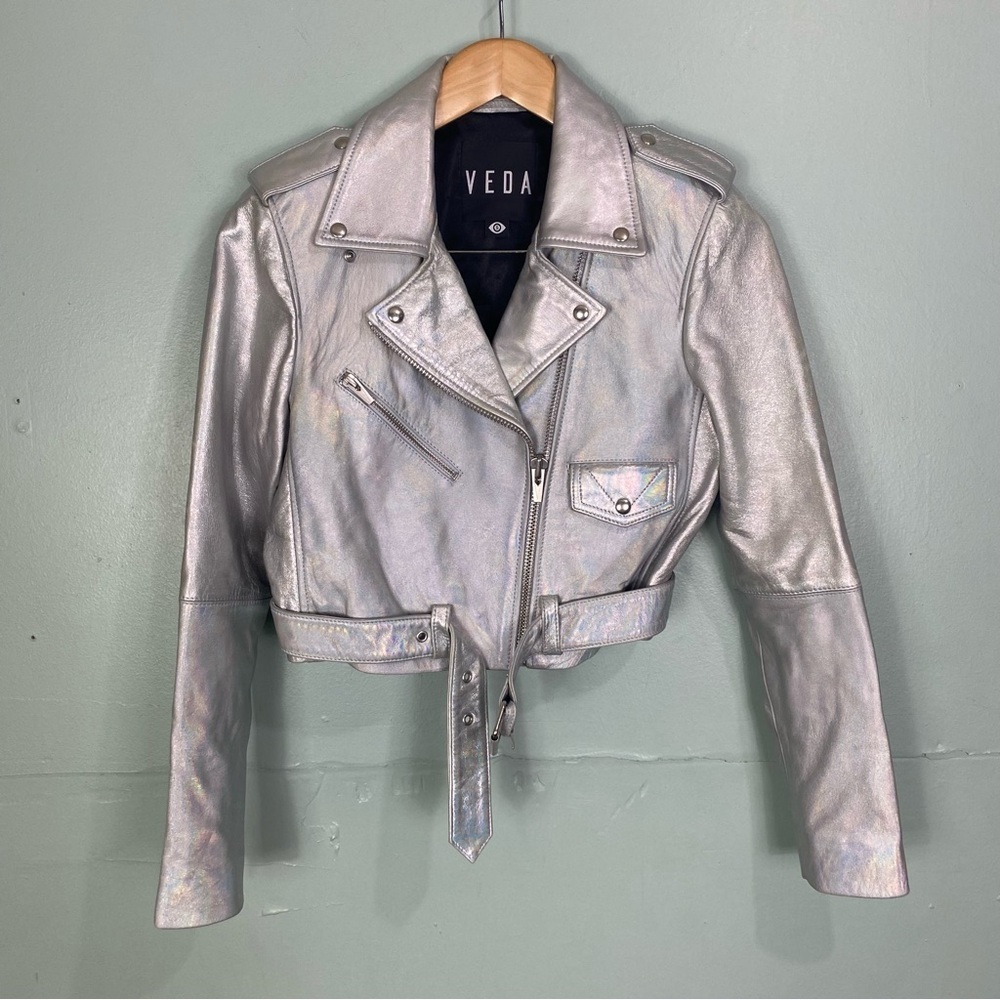 Veda Cropped Leather Silver Iridescent Moto Jacket Sz S